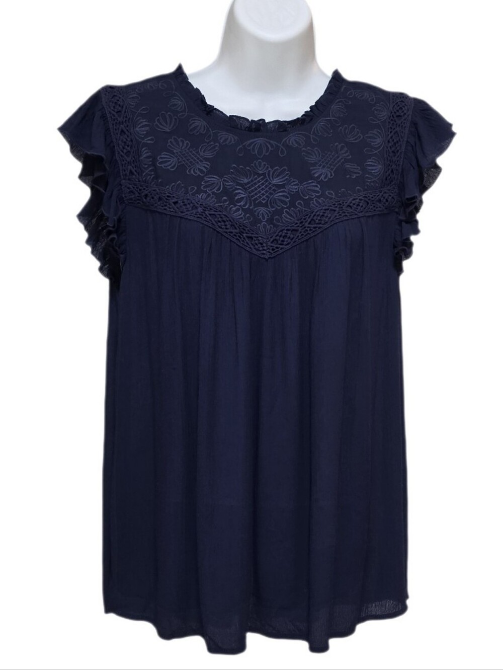 Democracy Crochet Trim Ruffle Cap Sleeve Embroidered Woven Top Boho Navy Blue M